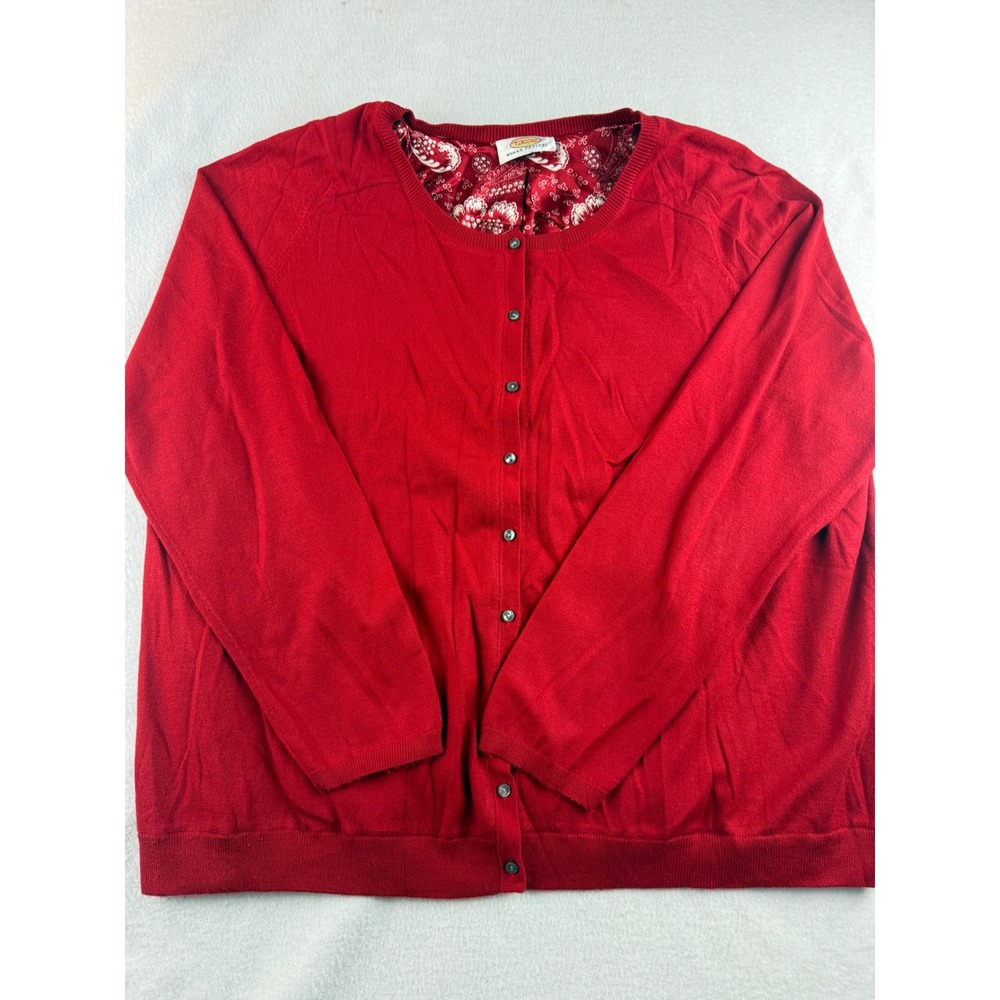 Talbots Woman Petites Red Knit Cardigan Sweater Floral Lined Career Casual